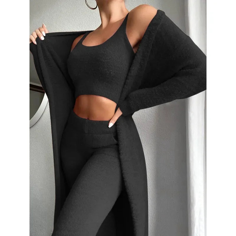 Women Autumn Winter Trouser Set Pants Set Solid Color O Neck Warm Pencil Pants Casual Fashion Sexy Comfortable Regular Standard