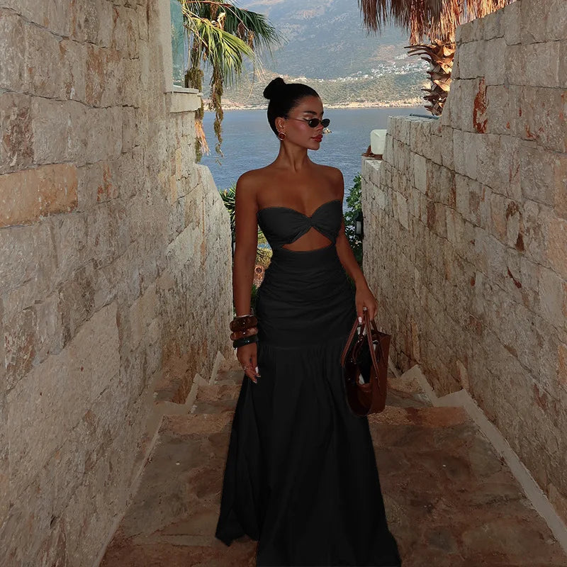 Women's Hot Girl Simple Solid Color Sleeveless Beach Skirt Holiday Strapless High Waist Women's Long Sleeveless Hollow Dress