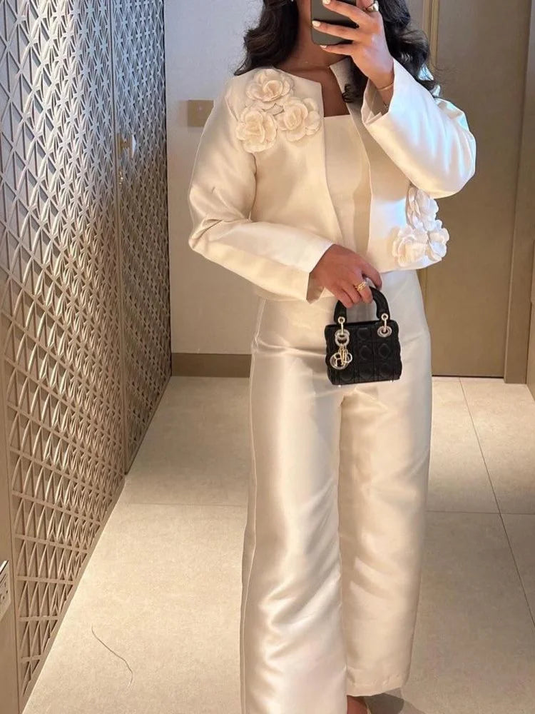 Elegant Jumpsuit Evening Dress Customized Long Sleeves Flowers Ankle-Lenth Satin Saudi Arab Prom Gown Arabian Formal Dresses