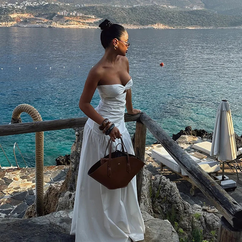 Women's Hot Girl Simple Solid Color Sleeveless Beach Skirt Holiday Strapless High Waist Women's Long Sleeveless Hollow Dress