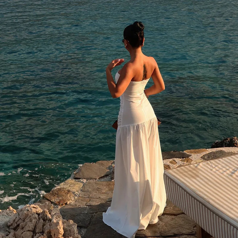 Women's Hot Girl Simple Solid Color Sleeveless Beach Skirt Holiday Strapless High Waist Women's Long Sleeveless Hollow Dress