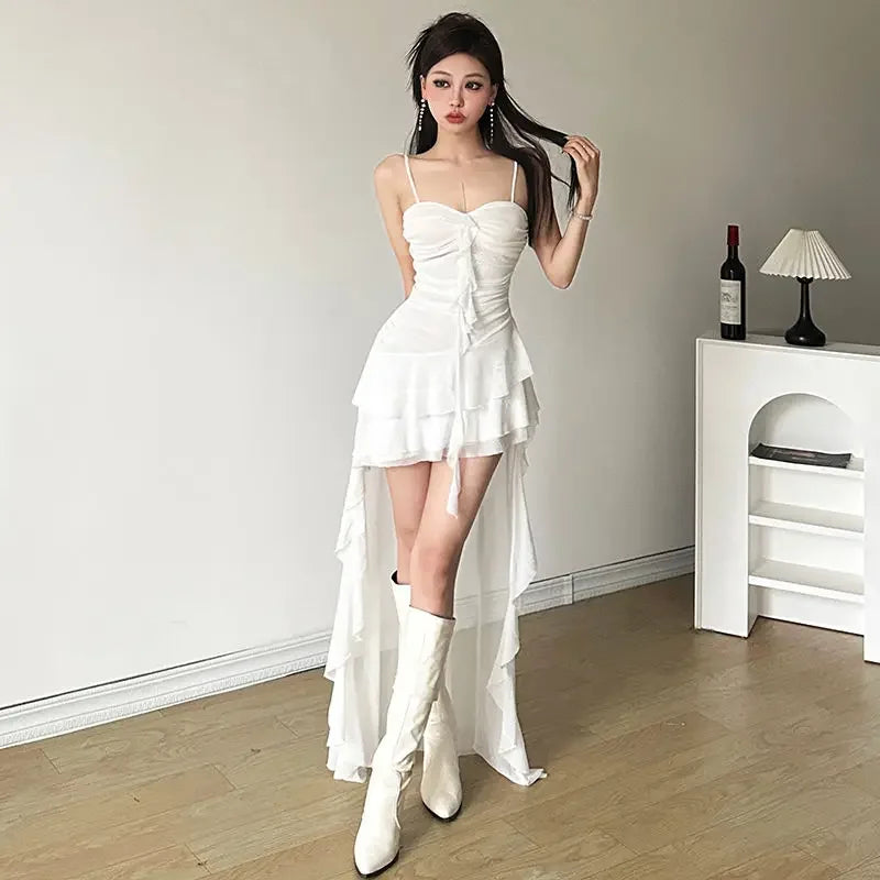Sexy Ruffle Mesh Dresses Women Sleeveless Black Prom Dress White Aesthetics Clothing Sweet Asymmetrical Summer Dress