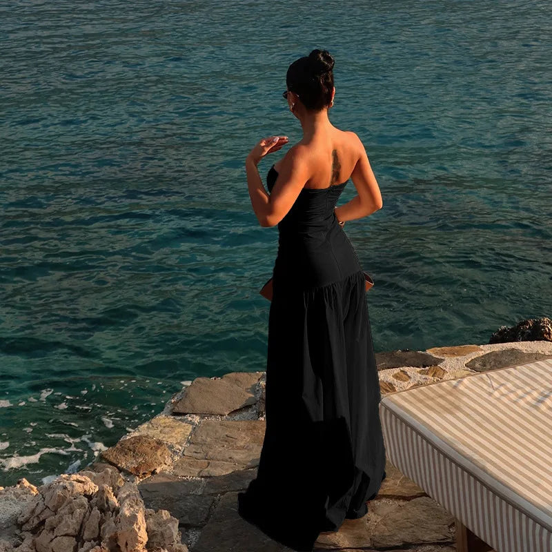 Women's Hot Girl Simple Solid Color Sleeveless Beach Skirt Holiday Strapless High Waist Women's Long Sleeveless Hollow Dress
