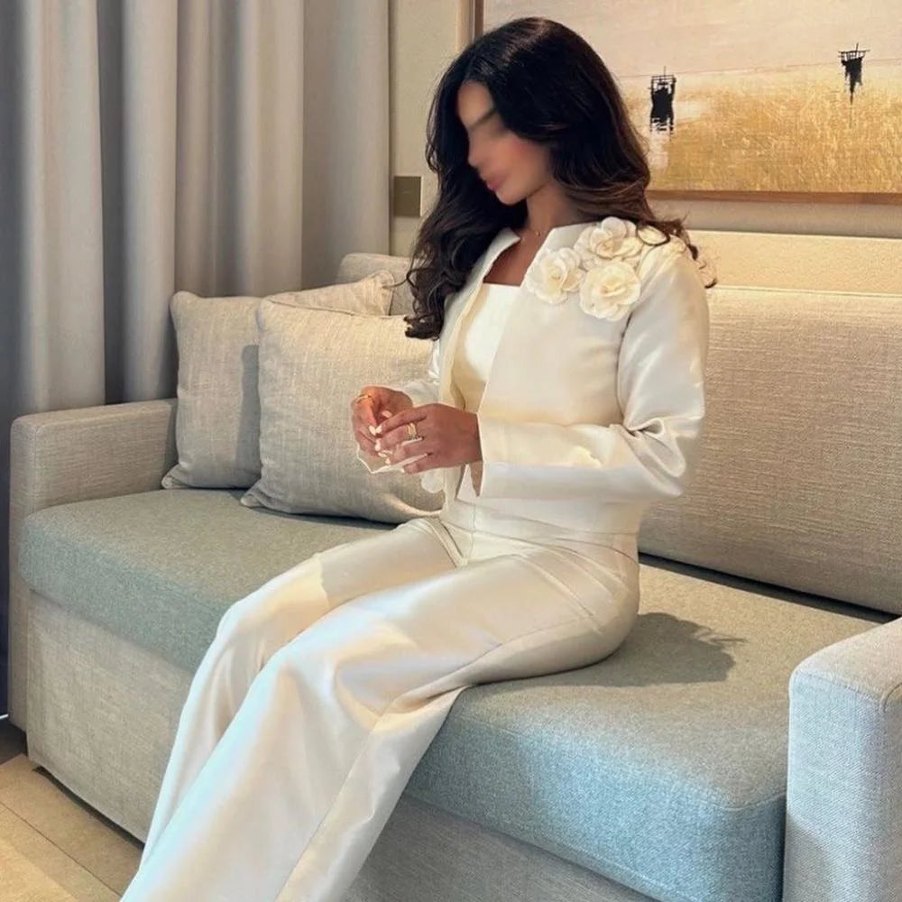 Elegant Jumpsuit Evening Dress Customized Long Sleeves Flowers Ankle-Lenth Satin Saudi Arab Prom Gown Arabian Formal Dresses