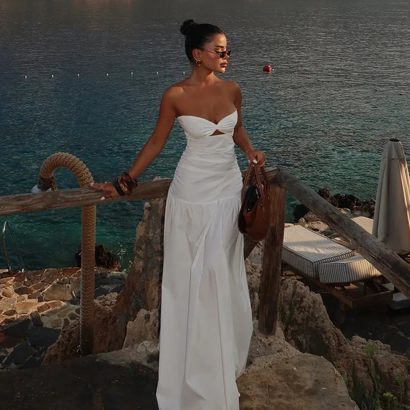 Women's Hot Girl Simple Solid Color Sleeveless Beach Skirt Holiday Strapless High Waist Women's Long Sleeveless Hollow Dress