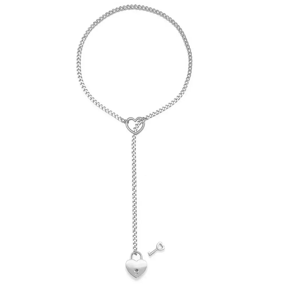 Slip Chain Necklace Heart O-Ring Punk Rock Cuban Long Necklace Jewelry Adjustable Lariat Y-Necklace Heart Locker With Key Neckla