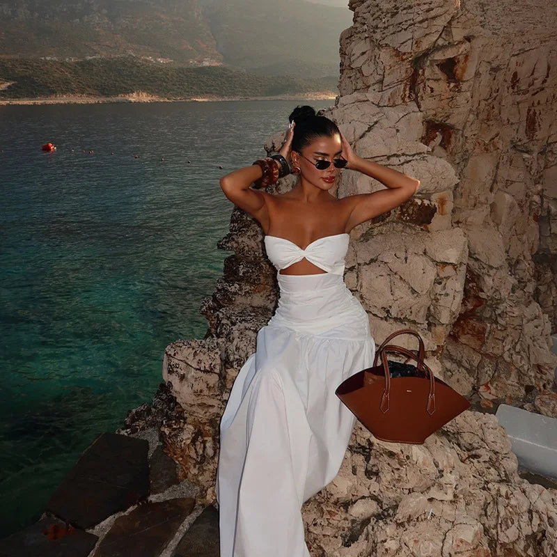Women's Hot Girl Simple Solid Color Sleeveless Beach Skirt Holiday Strapless High Waist Women's Long Sleeveless Hollow Dress