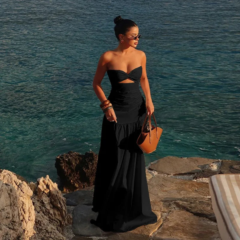 Women's Hot Girl Simple Solid Color Sleeveless Beach Skirt Holiday Strapless High Waist Women's Long Sleeveless Hollow Dress