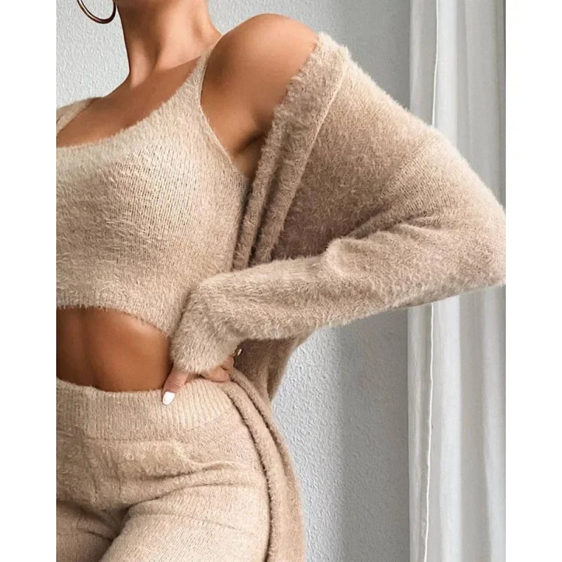 Women Autumn Winter Trouser Set Pants Set Solid Color O Neck Warm Pencil Pants Casual Fashion Sexy Comfortable Regular Standard