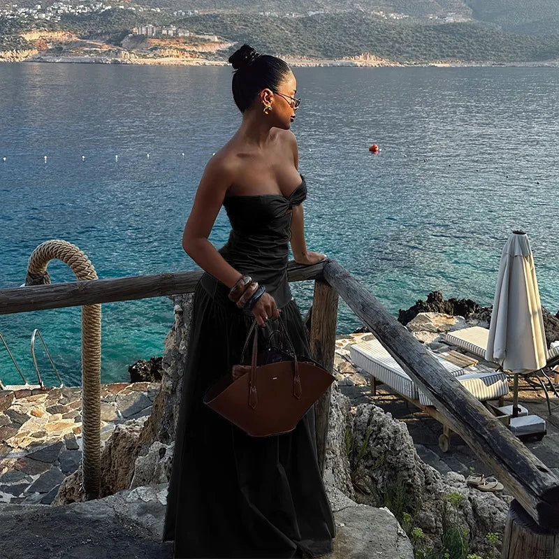 Women's Hot Girl Simple Solid Color Sleeveless Beach Skirt Holiday Strapless High Waist Women's Long Sleeveless Hollow Dress