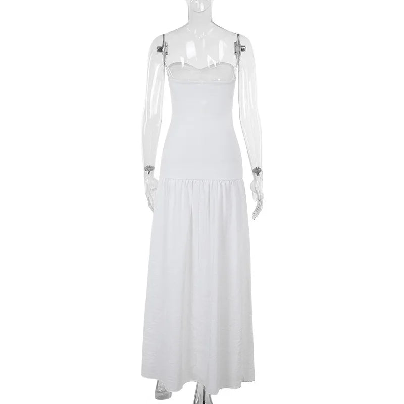 Women's Hot Girl Simple Solid Color Sleeveless Beach Skirt Holiday Strapless High Waist Women's Long Sleeveless Hollow Dress