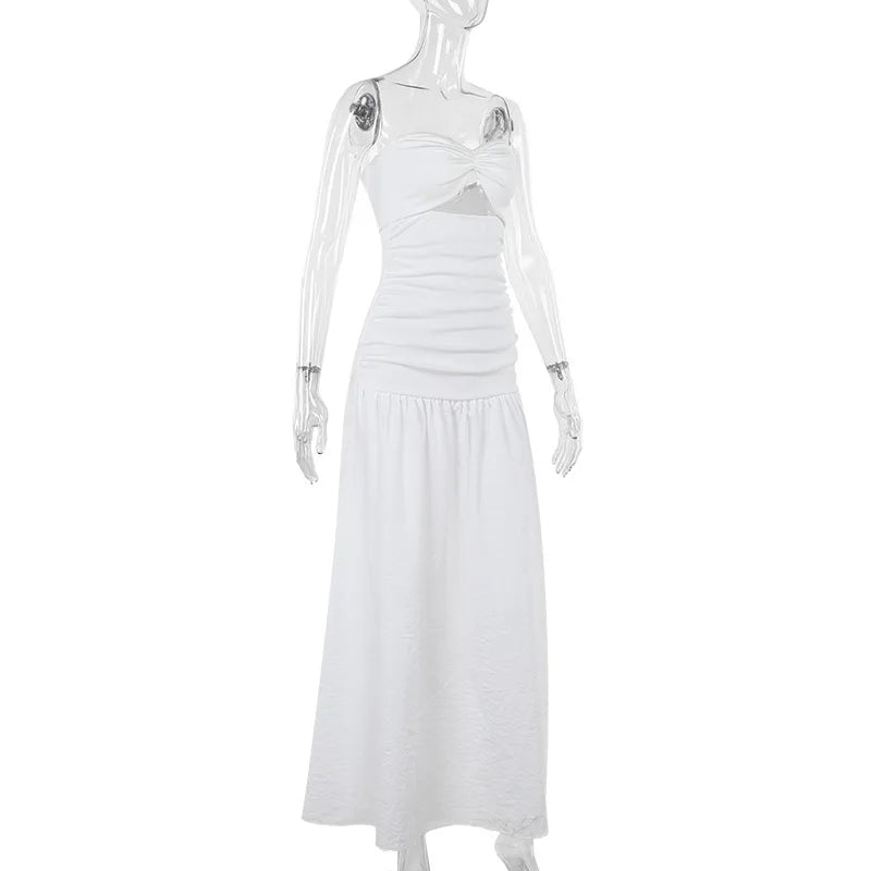 Women's Hot Girl Simple Solid Color Sleeveless Beach Skirt Holiday Strapless High Waist Women's Long Sleeveless Hollow Dress