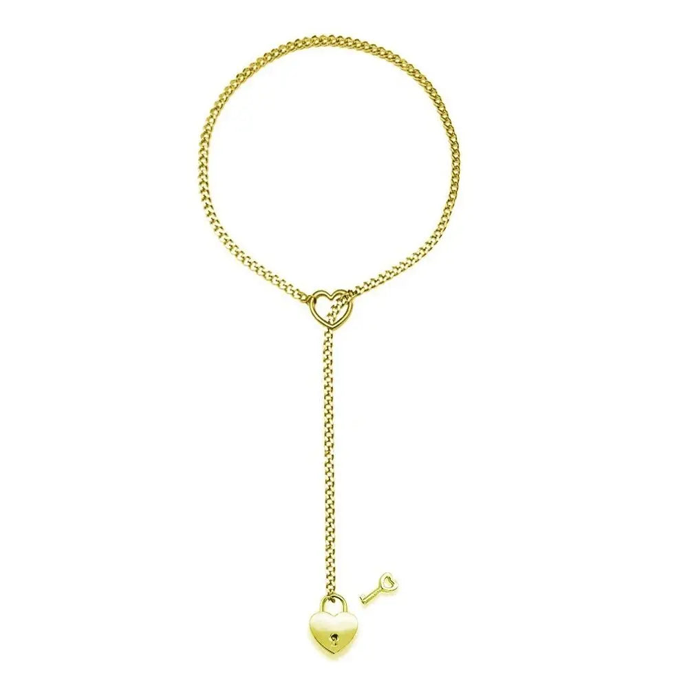 Slip Chain Necklace Heart O-Ring Punk Rock Cuban Long Necklace Jewelry Adjustable Lariat Y-Necklace Heart Locker With Key Neckla