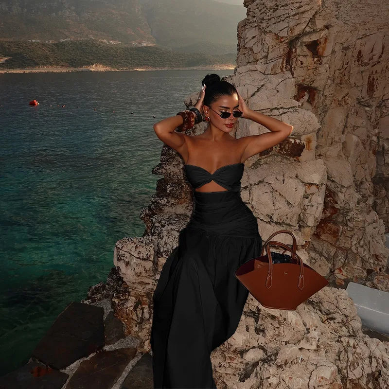 Women's Hot Girl Simple Solid Color Sleeveless Beach Skirt Holiday Strapless High Waist Women's Long Sleeveless Hollow Dress