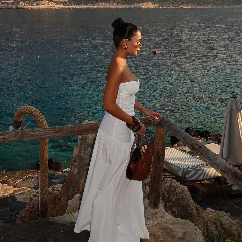 Women's Hot Girl Simple Solid Color Sleeveless Beach Skirt Holiday Strapless High Waist Women's Long Sleeveless Hollow Dress