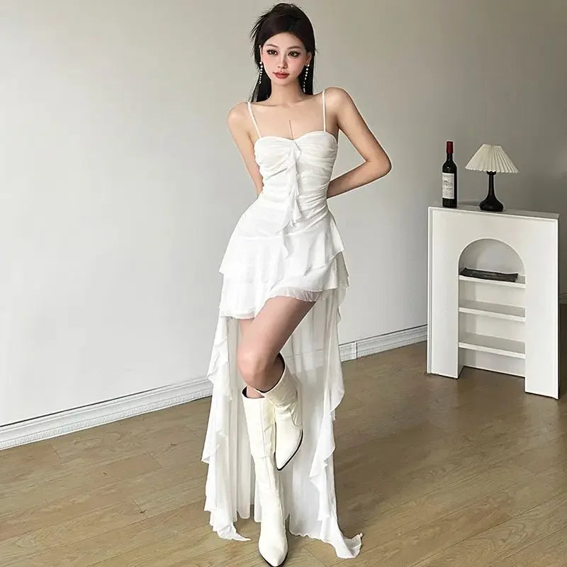 Sexy Ruffle Mesh Dresses Women Sleeveless Black Prom Dress White Aesthetics Clothing Sweet Asymmetrical Summer Dress