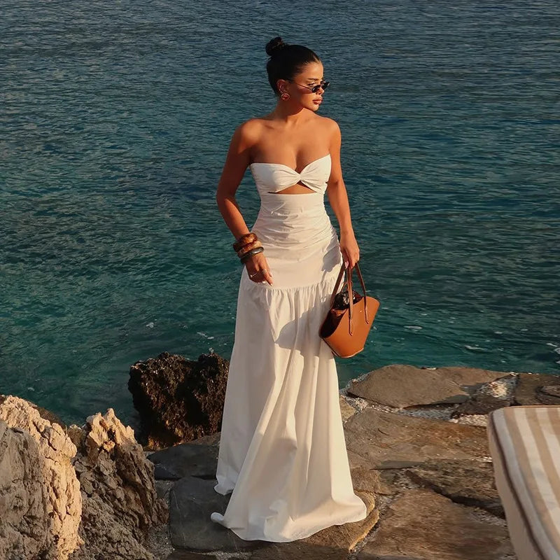 Women's Hot Girl Simple Solid Color Sleeveless Beach Skirt Holiday Strapless High Waist Women's Long Sleeveless Hollow Dress