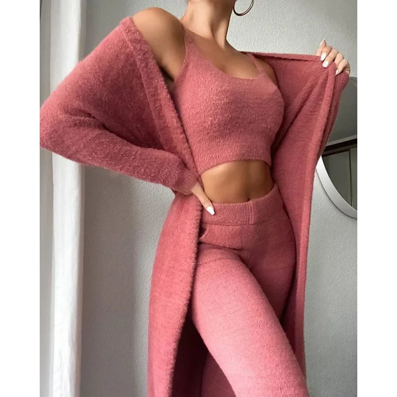 Women Autumn Winter Trouser Set Pants Set Solid Color O Neck Warm Pencil Pants Casual Fashion Sexy Comfortable Regular Standard
