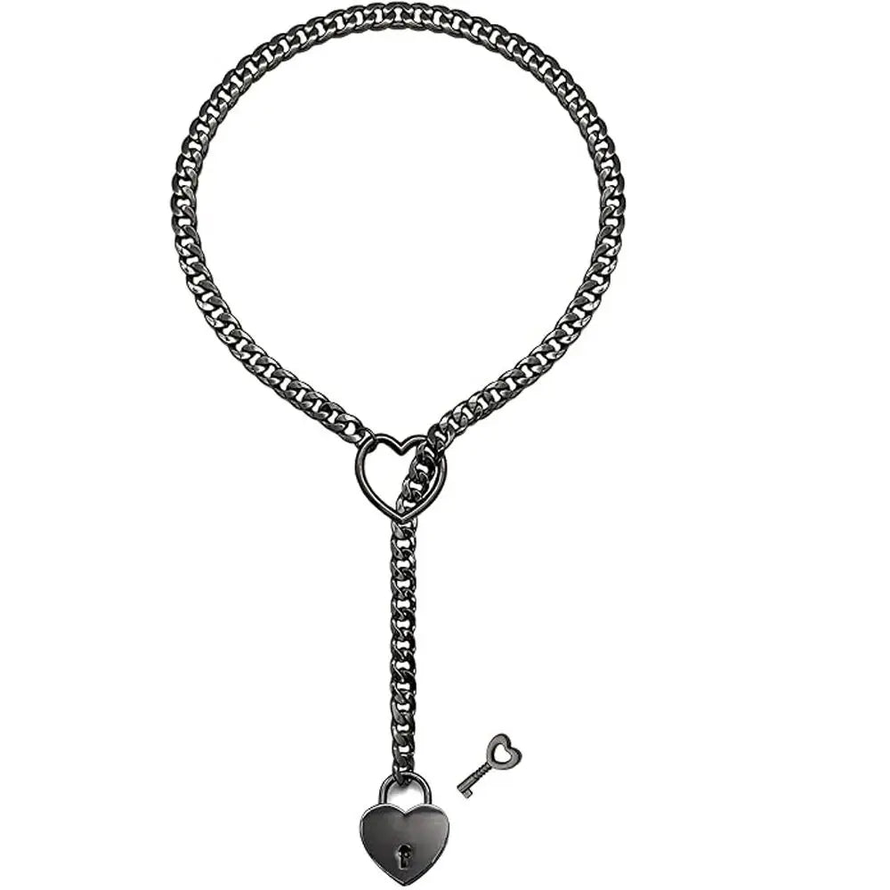 Slip Chain Necklace Heart O-Ring Punk Rock Cuban Long Necklace Jewelry Adjustable Lariat Y-Necklace Heart Locker With Key Neckla