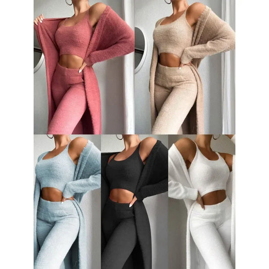 Women Autumn Winter Trouser Set Pants Set Solid Color O Neck Warm Pencil Pants Casual Fashion Sexy Comfortable Regular Standard