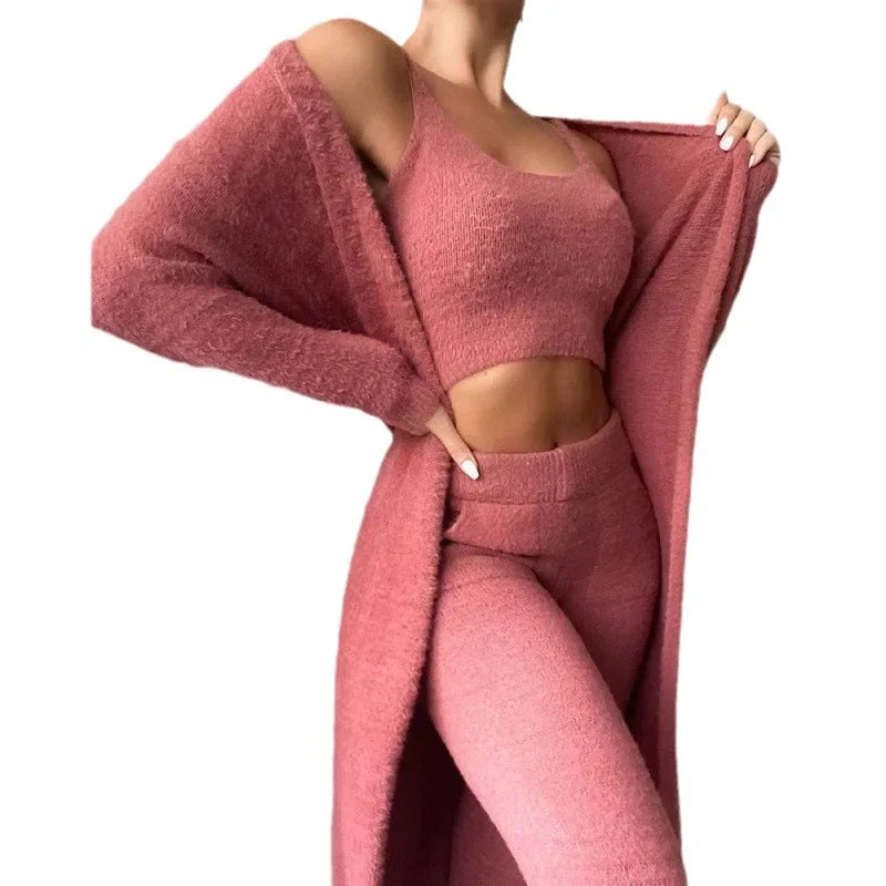 Women Autumn Winter Trouser Set Pants Set Solid Color O Neck Warm Pencil Pants Casual Fashion Sexy Comfortable Regular Standard