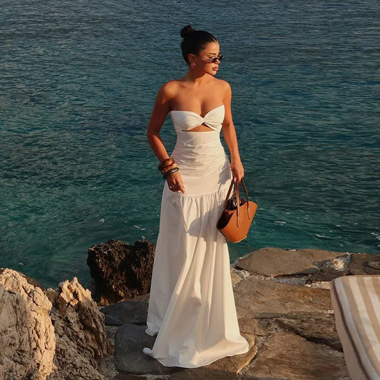 Women's Hot Girl Simple Solid Color Sleeveless Beach Skirt Holiday Strapless High Waist Women's Long Sleeveless Hollow Dress
