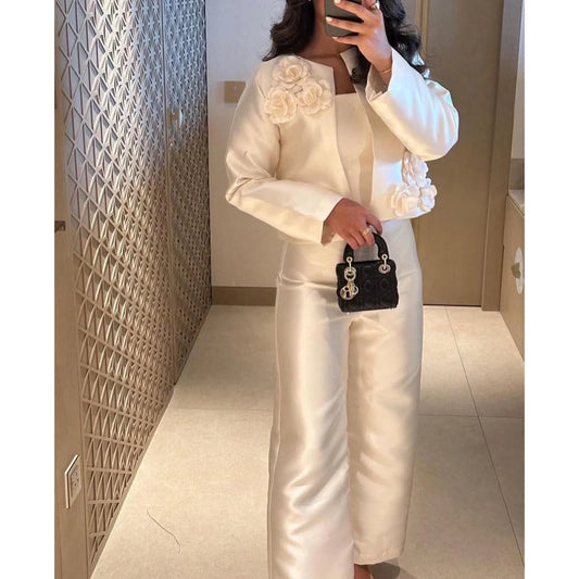 Elegant Jumpsuit Evening Dress Customized Long Sleeves Flowers Ankle-Lenth Satin Saudi Arab Prom Gown Arabian Formal Dresses