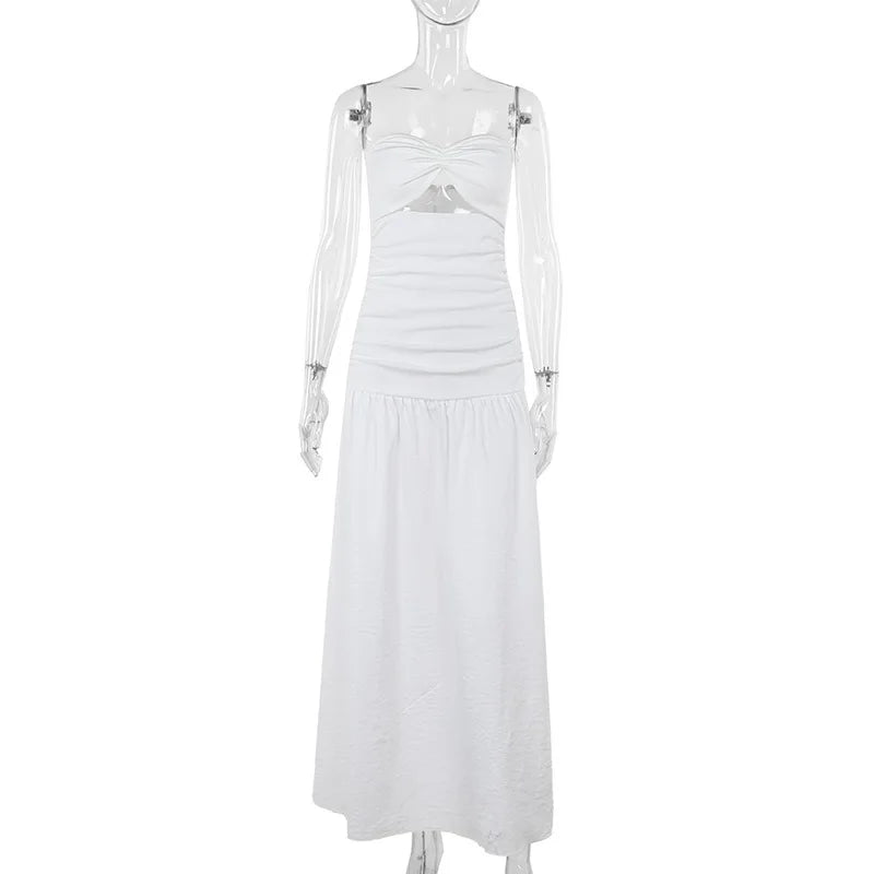 Women's Hot Girl Simple Solid Color Sleeveless Beach Skirt Holiday Strapless High Waist Women's Long Sleeveless Hollow Dress